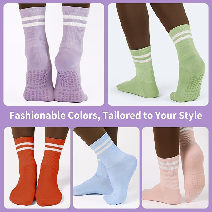 Non-Slip Pilates Socks with Grips for Women 5 Pairs Cute Yoga Socks Grippy for Yoga Barre Ballet