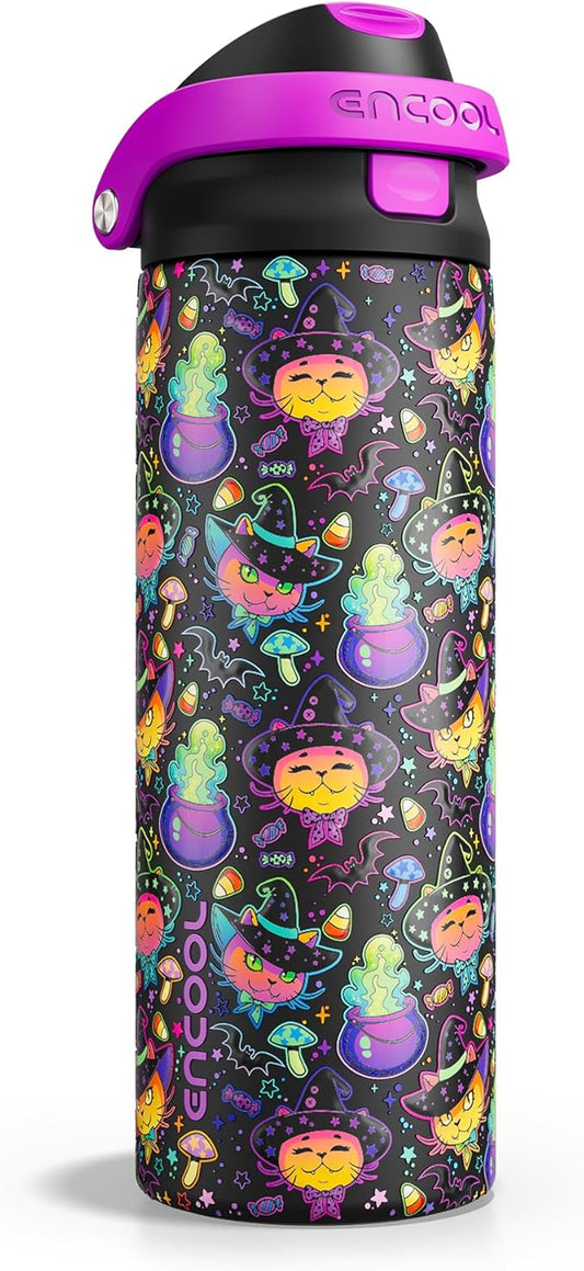 Halloween Gothic Water Bottle with Straw, Stainless Steel Insulated Water Bottle,Leak Proof, One-Touch Flip Lid, BPA Free, Holiday Gifts For Women Men, 24oz, Meowgic Night