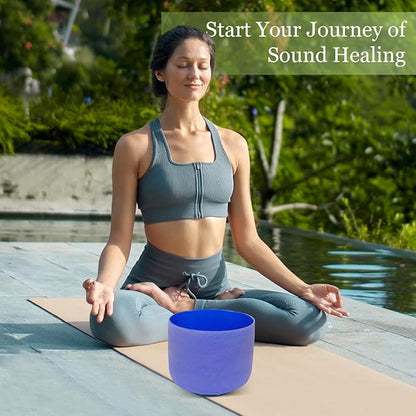 432HZ 8 Inchs A Note Indigo Frosted Crystal Singing Bowl for Meditation Healing Yoga Chakra Quartz Crystal Sound Bowls with Heavy Duty Carry Case and Rubber Mallet,Suede Striker,O-rings