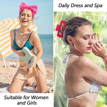 VELSCRUN Spa Headbands for Wash Face, Makeup Headband, Facial Skincare Headbands, 5 Pcs Hot Pink Puffy Sponge Spa Headband Bow Tie Hair Band Hair Clips Wristband Set Women Girls Accessories