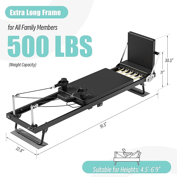 MU 91.5" Foldable Pilates Reformer Machine with Jump Board & Dual Resistance – Adjustable Reformer Pilates Machine for Full-Body Home Workout, 500 lbs Capacity, Up to 6'9" Height Friendly. Black