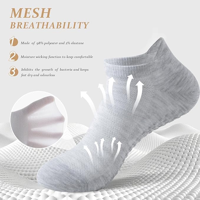 4 Pairs Grip Socks for Yoga, Non Slip Sticky Socks with Pull Tab and Mesh, For Barre and Daily Training Use