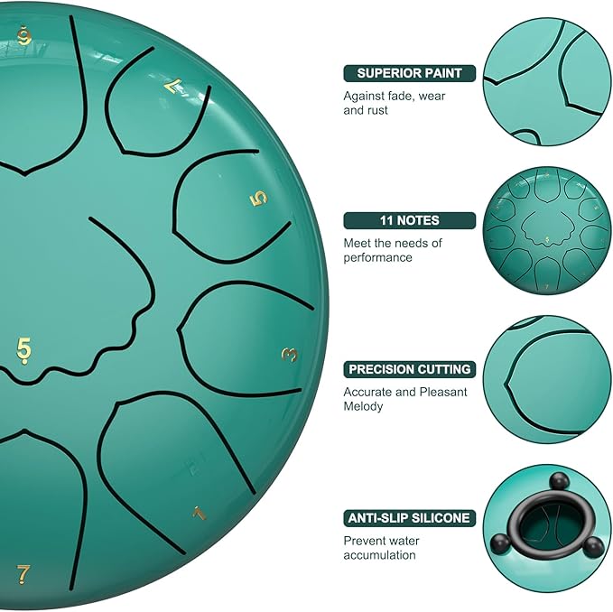 Rain Drum for Outside Garden, 8 Inches 11 Notes Steel Tongue Drum, Waterproof Meditation Rain Chime, Musical Instruments for Adult Gift with Bag, Music Book, Mallets (Lake Blue)