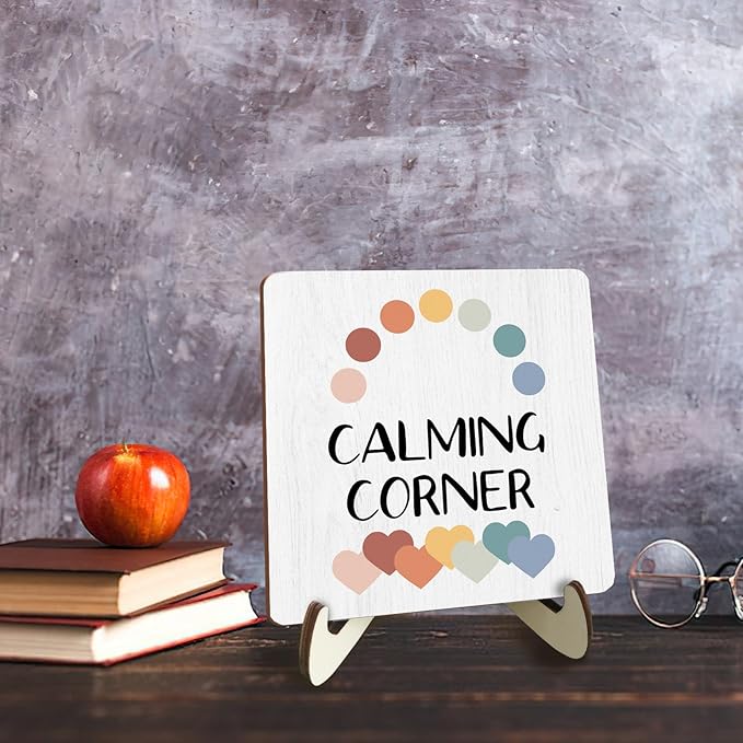 Decorative Desk Decor Motivational Calming Corner Affirmations Counselor Office Decor Plaque with Wooden Stand Inspirational Wood Sign for Homeschool Classroom Reading Calm Corner Table Bookshelf