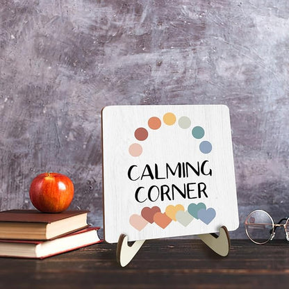 Decorative Desk Decor Motivational Calming Corner Affirmations Counselor Office Decor Plaque with Wooden Stand Inspirational Wood Sign for Homeschool Classroom Reading Calm Corner Table Bookshelf