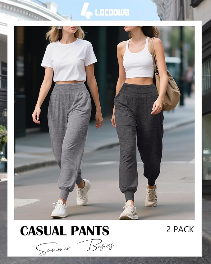 2 Pack Women's Yoga Joggers, Cozy Sweatpants with Pockets Casual Loose Comfy High Waisted Lounge Pants