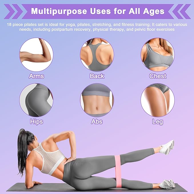 Home Pilates Essentials Kit for Women: 18Pcs Pilates Workout Equipment Set with Pilates Ring, Yoga Ball, Resistance Band, Pilates Fitness Set for Legs Arms, Gym Back Bag, Anti Slip Socks