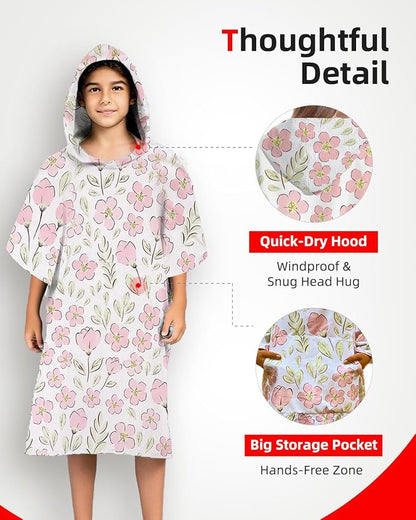 Abahub Surf Poncho Women & Men Towel Poncho Adult with Hood, Thick Quick Dry Changing Poncho Towel, Microfiber Wearable Cover Up for Surfing Beach Swim - Absorbent Changing Towel S (Pink Flower)