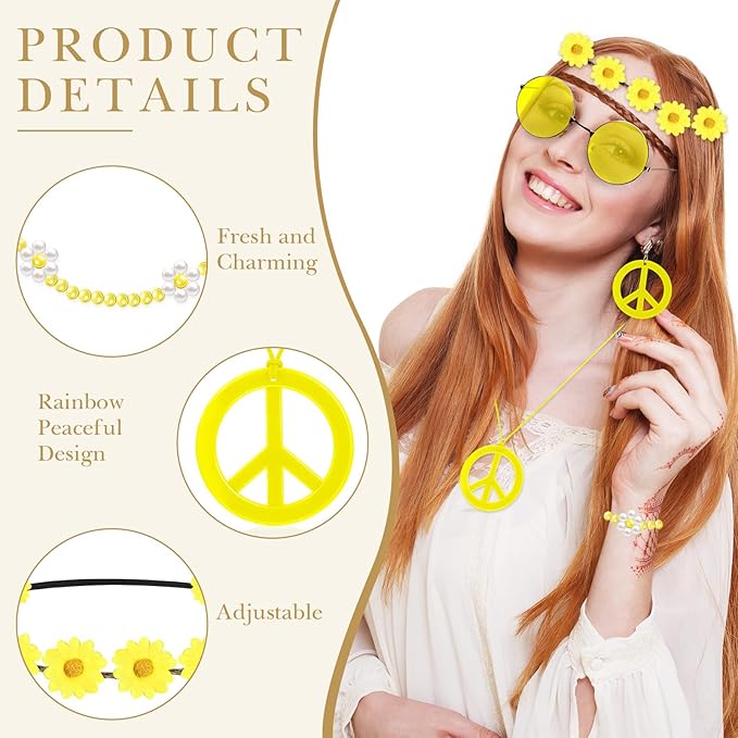 Batiyeer 6 Pcs Hippie Costume Accessories Set, Boho Peace Sign Daisy Flower 60s 70s Party Favors Decor for Groovy Party Women