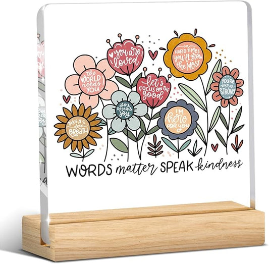 Mental Health Decor, Motivational Gifts for Women Men, Boho Floral Inspirational Acrylic sign with Wooden office Accessories Bedroom Dorm Apartment Decoration-Words Matter Speak Kindness