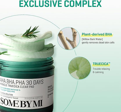 SOME BY MI AHA BHA PHA 30 Days Miracle Truecica Clear Pad – Pack of 2 – Korean Exfoliating Centella Face Toner Pads – Gently Clears Impurities, Refines Pores & Smooths Skin Texture – Korean Skin Care