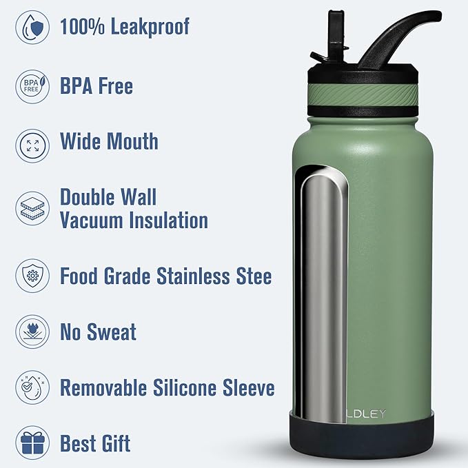 OLDLEY 32 oz Insulated Water Bottle With Straw, Stainless Steel Sports Water Cup Flask with 3 Lids(Straw, Spout and Handle Lid) Double Walled Travel Thermal Canteen Mug,Army Green