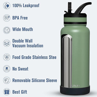 OLDLEY 32 oz Insulated Water Bottle With Straw, Stainless Steel Sports Water Cup Flask with 3 Lids(Straw, Spout and Handle Lid) Double Walled Travel Thermal Canteen Mug,Army Green