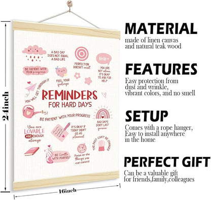 YGSDZY Reminders For Hard Days, Pink Mental Health Office Decor, Wood Poster Hanger, Pink Therapy Poster, Girls Room Decor, Playroom Decoration, Boho Sun Decoration, School Psychology