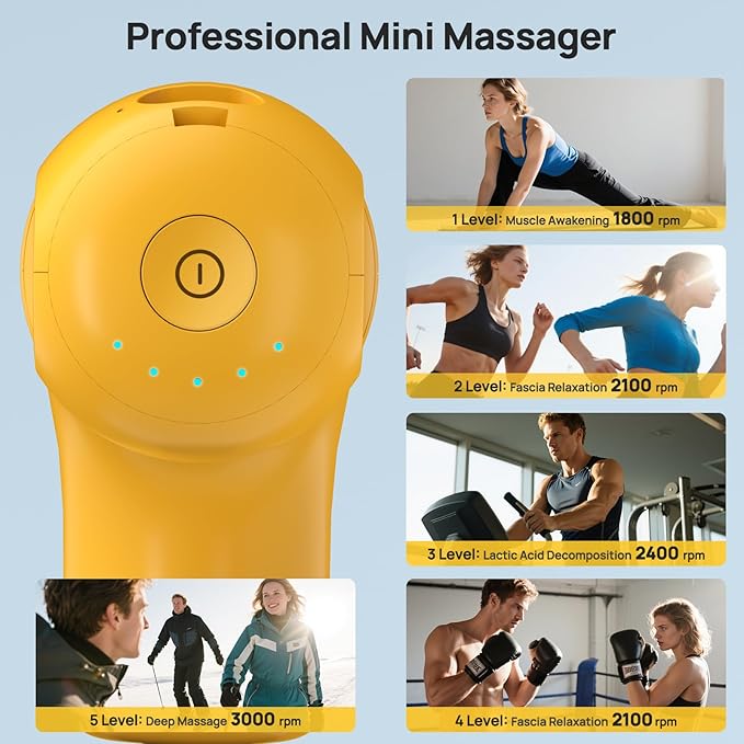 Super Mini Massage Gun Deep Tissue, Percussion Handheld Muscle Massager with 4 Heads, Travel Size Massage Gun for Back, Neck Pain Relief, Quiet for Home, Gym, Office, Gift for Men & Women, Yellow