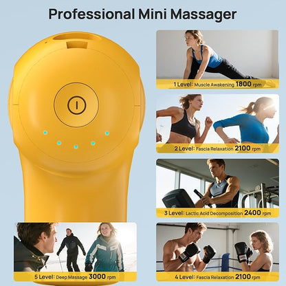 Super Mini Massage Gun Deep Tissue, Percussion Handheld Muscle Massager with 4 Heads, Travel Size Massage Gun for Back, Neck Pain Relief, Quiet for Home, Gym, Office, Gift for Men & Women, Yellow