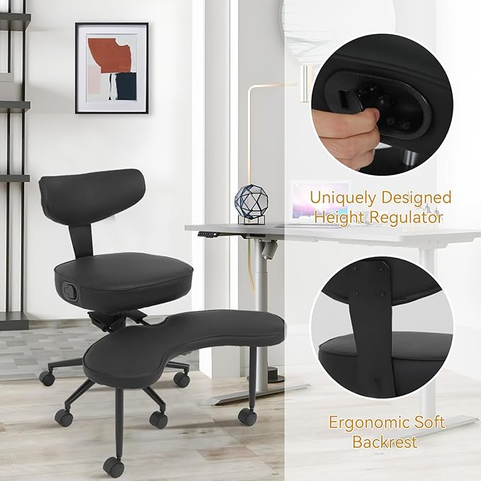 ELECWISH Meditation Chair, ADHD Chair for Adults with Wing Back Support, Criss Cross Kneeling Yoga Desk Office Use with Wheels, Height Adjustable seat and Leg Rest, Black