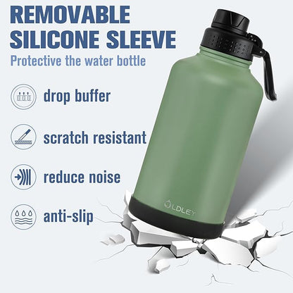 OLDLEY 64 oz Insulated Water Bottle With Straw, Stainless Steel Sports Water Cup Flask with 3 Lids(Straw, Spout and Handle Lid) Double Walled Travel Thermal Canteen Mug,Army Green