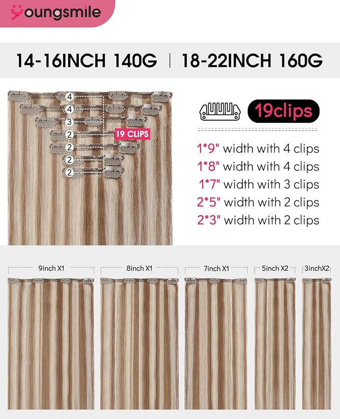 Youngsmile Clip in Hair Extensions Human Hair 18 Inch Remy Human Hair Extensions Clip in Double Weft Color 8 Ash Brown with 60 Blonde 160 Gram 7 Pcs,Full Head Silky Straight (7C#8P60-18Inch)