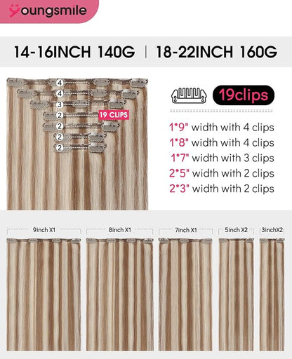 Youngsmile Clip in Hair Extensions Human Hair 18 Inch Remy Human Hair Extensions Clip in Double Weft Color 8 Ash Brown with 60 Blonde 160 Gram 7 Pcs,Full Head Silky Straight (7C#8P60-18Inch)