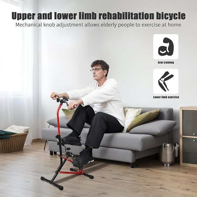Rehabilitation Exercise Bike for AMS & Legs - Compact Home Physiotherapy Machine with Resistance Tension, 60kg Capacity - Upper/Lower Limb Recovery Trainer for Elderly Red Black
