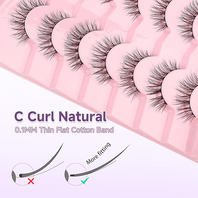 Natural Eyelashes False Eyelashes Natural Lashes 15mm Wispy Eyelashes with Thin Band 3D Volume False Lashes Soft Strip Lashes Pack C Curl Natural Eye Lashes Fake Eyelashes 7 Pair EVENTILL