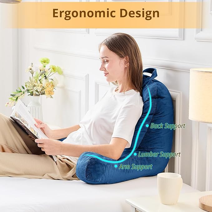 Sasttie Reading Pillow, Velvet Back Pillow for Bed Sitting Up, Adult Back-Rest Support Cushion with Arms for Sit Up on Couch, Sofa, and Floor, Dorm Essentials, Reading Accessories, Navy