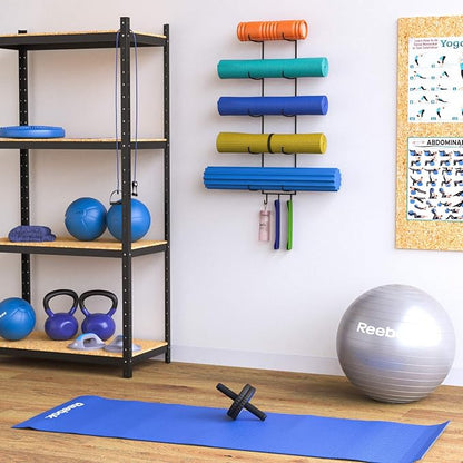 Wallniture Guru Yoga Mat Holder Wall Mount with 3 Hooks for Hanging Yoga Strap, Resistance Bands, 5-Sectional Metal