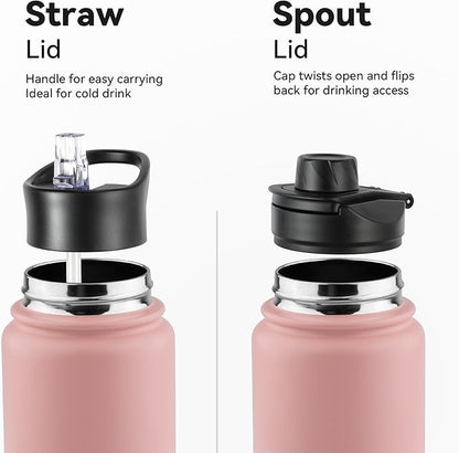 16 oz Insulated Water Bottle with Straw Lids, Stainless Steel Kids Water Bottles for School, Double Wall Vacuum Metal Water Bottle with Straw & Wide Mouth Lid, Harbor Pink 4 Pack