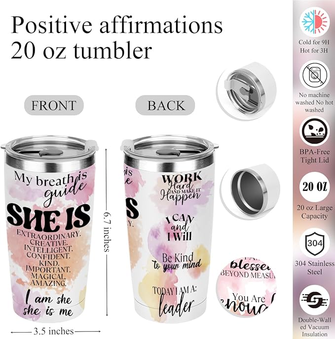 Positive Affirmations Self Love Mental Health Gifts Inspirational Gifts for Women Friend Sister Aunt Birthday Friendship Christmas Appreciation, 20oz Tumbler Makeup Bag Ballpoint Pen Notebook, 6PCS