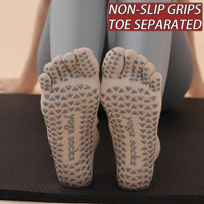 CHUNFO Grip Socks Womens Pilates Yoga Barre Non Slip Stripes Cotton Ankle Anti-Skid Sock Size 5-10