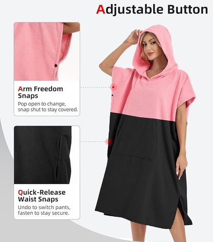 Abahub Surf Poncho Men & Women Towel Poncho Adult with Hood, Thick Quick Dry Changing Poncho Towel, Microfiber Wearable Cover Up for Surfing Beach Swim - Absorbent Changing Towel L (Pink/Black)