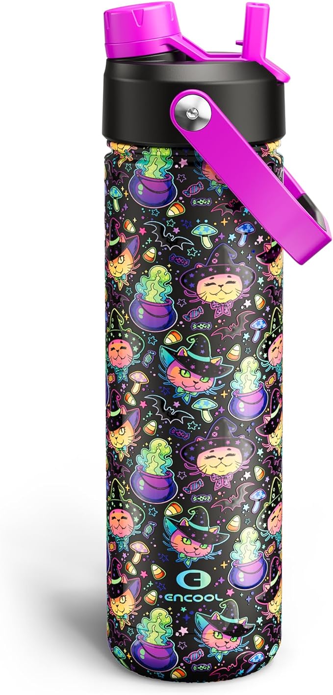 Halloween Insulated Water Bottle with Straw, Stainless Steel Water Bottle, Leak Proof BPA-Free, Keeps Cold for 24 Hours for Sports, Skull Spooky Holiday Gifts (26 oz, Meowgic Night)