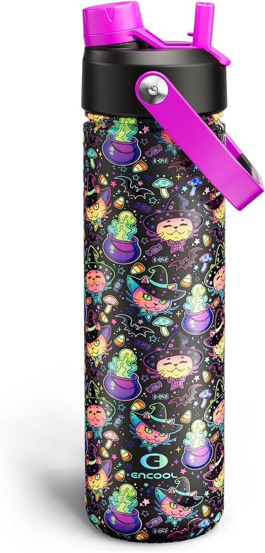 Halloween Insulated Water Bottle with Straw, Stainless Steel Water Bottle, Leak Proof BPA-Free, Keeps Cold for 24 Hours for Sports, Skull Spooky Holiday Gifts (26 oz, Meowgic Night)
