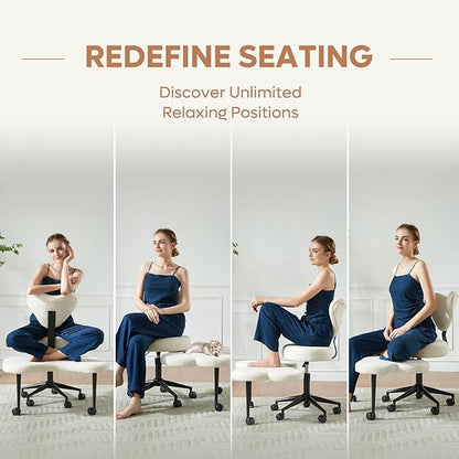 Ergonomic Cross Legged Chair, 360° Swivel Meditation Chair with Wheels, Height Adjustable Seat for ADHD, Strong Lumbar Support, Chic Home Office Furniture, Teddy Fabric, Off White