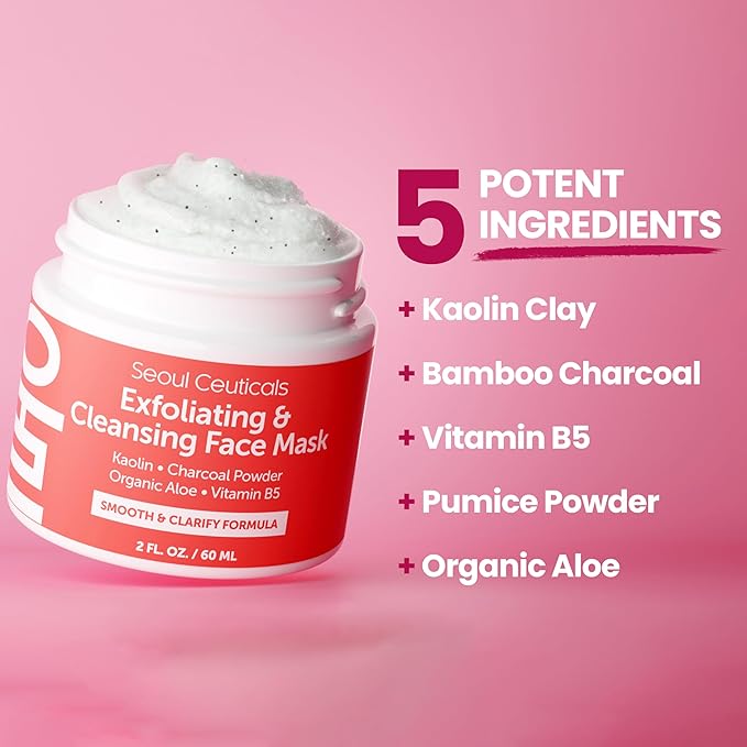 SeoulCeuticals Korean Face Scrub - Exfoliating Face Mask Skincare K Beauty Mask for Glass Skin - Kaolin Clay + Charcoal Cream Exfoliant Mask 2oz