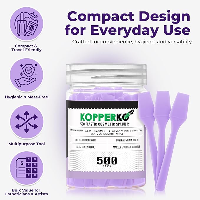 Mini Beauty Spatula (2.5", 500 Pack) - Small Beauty Spatulas for Creams, Cosmetics & Crafts | Moisturizer Applicator for Mixing, Cosmetic, Face Mask | Disposable Makeup Spoon | Purple