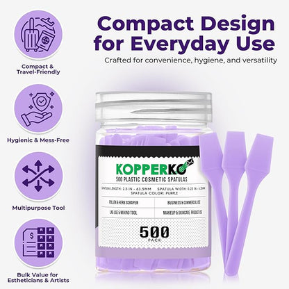 Mini Beauty Spatula (2.5", 500 Pack) - Small Beauty Spatulas for Creams, Cosmetics & Crafts | Moisturizer Applicator for Mixing, Cosmetic, Face Mask | Disposable Makeup Spoon | Purple