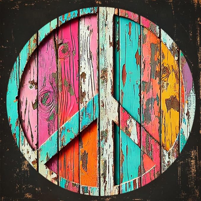 Colorful Peace Symbol Round Aluminum Sign - Vibrant High-Definition Print, Weathered Wood Design, Easy to Hang,Decorative Wall Art | Durable Print, Outdoor Decor, Perfect for Room Decor