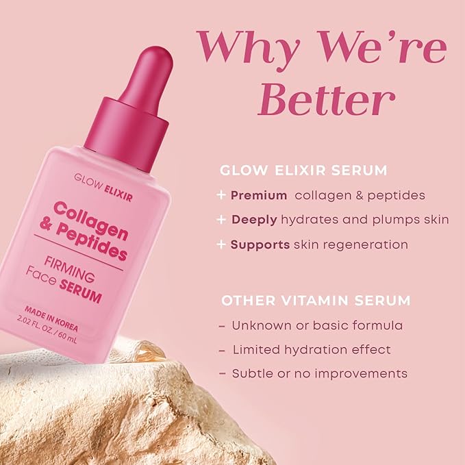 Glow Elixir Collagen & Peptides Face Serum - Dermatologist Tested, Anti-Aging, Korean Skin Care, Hydrates, Firms & Revitalizes Skin - 95% Natural, Vegan, Clean Beauty - 1.69 FL. Oz