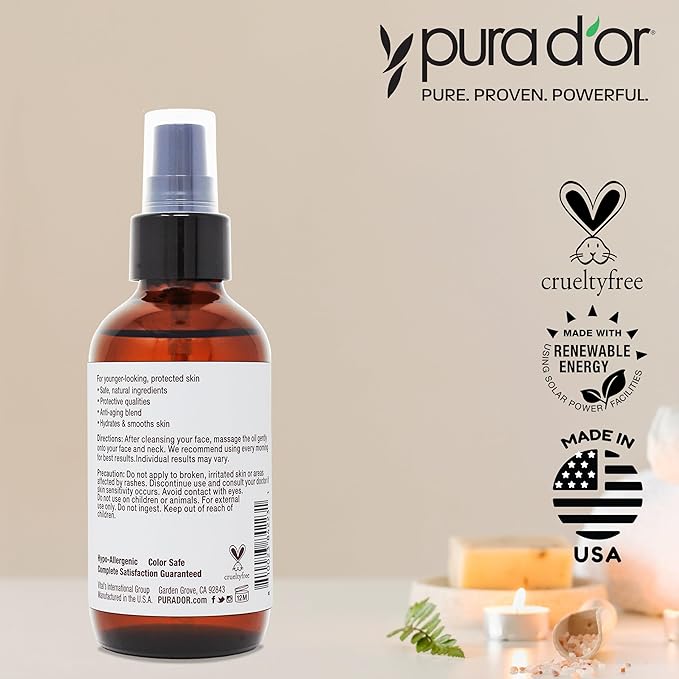 PURA D'OR 3.3 Oz ORGANIC AM Moisturizing Face Oil - Morning Glow Hydrating Skincare -Lightweight Moisturizer for Glowing Skin - All Natural, Vegan, Paraben-Free - Women & Men