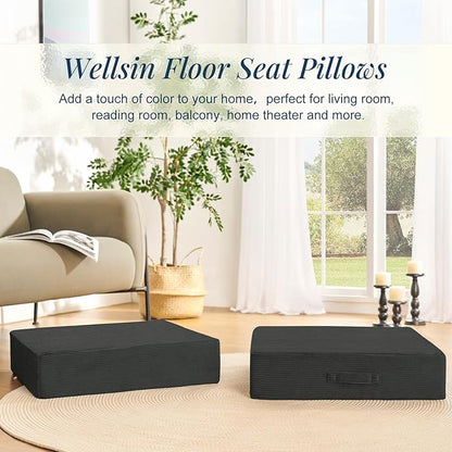 Solid Square Floor Pillows for Adults Kids - Large Meditation Floor Pillow Seating Cushion with Thick Foam & Washable Velvet Cover, 2 Pack, 22x22x5 Inch, Gray