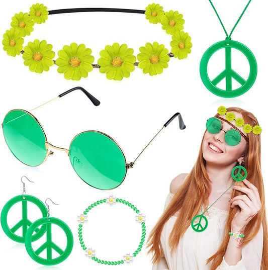Batiyeer 6 Pcs Hippie Costume Accessories Set, Boho Peace Sign Daisy Flower 60s 70s Party Favors Decor for Groovy Party Women