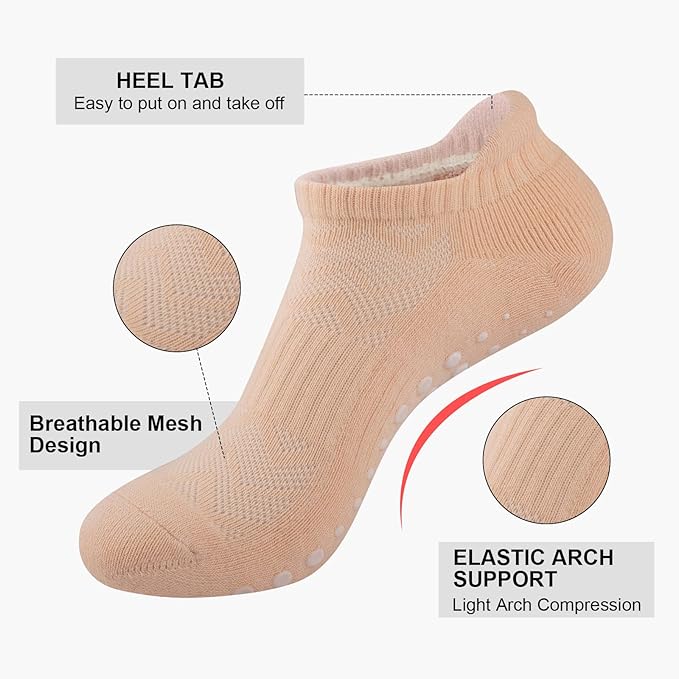 eallco Pilates Socks with Grips for Women Non Slip Yoga Grippy Socks for Barre Barefoot Hospital Workout Cushioned 5 Pairs