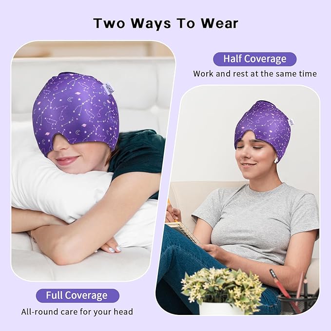 Migraine Relief Cap, Gel Cooling Eye Mask 2 Pack Set, Headache Relief with Hot/Cold Ice Cap, Instant Headache Relief, Reusable Ice Pack for Stress Relief Migraine Mask