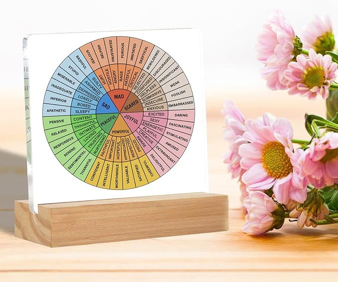 Mental Health Desk Decor, Emotions Desk Signs Wheel of Feelings Acrylic Plaque Sign Therapy Office Home Classroom Decoration 4 x 4 Inches