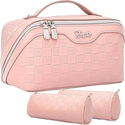 BOYATU Travel Makeup Bag Organizer Cosmetic Bag: 3 Pcs Set Make up Bags for Women with Handle - Waterproof Vegan Leather Toiletry Bags Travel Essentials Pouch with Compartments (C-05-Pink)