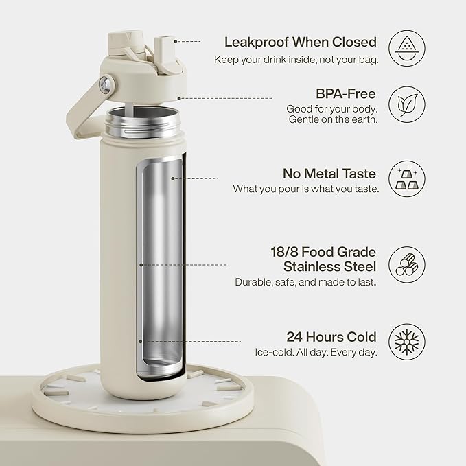 Insulated Water Bottle with Straw - Encool Stainless Steel Water Bottle, Leak-Proof, BPA-Free, Double Wall Vacuum Keeps Cold for 24 Hours for Sports, Travel, School (26 oz, Cream Moon)