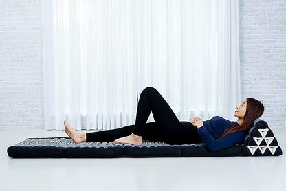 Leewadee Comfortable Japanese Floor Mattress - Thai Floor Bed with Triangle Cushion - Futon Mattress - XL Extra Long Thai Massage Mat, 89 x 20 inches, Blue, Kapok Filling