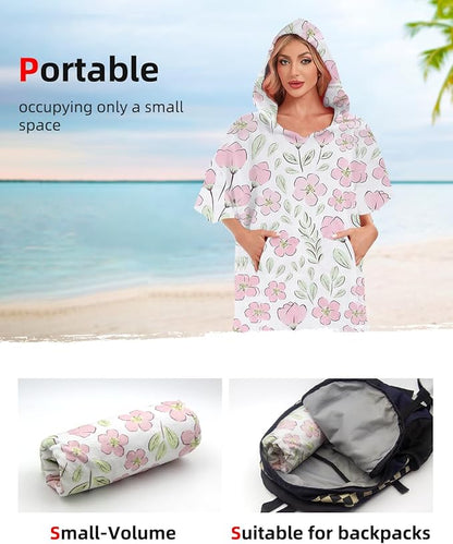 Abahub Surf Poncho Men & Women Towel Poncho Adult with Hood, Thick Quick Dry Changing Poncho Towel, Microfiber Wearable Cover Up for Surfing Beach Swim - Absorbent Changing Towel L (Pink Flower)